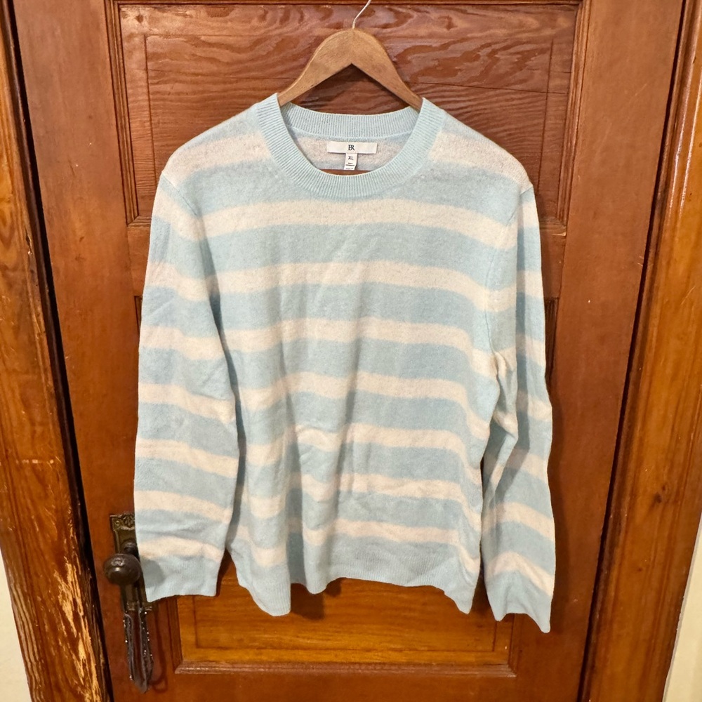 Banana Republic Light Blue and Cream Striped Crewneck Sweater